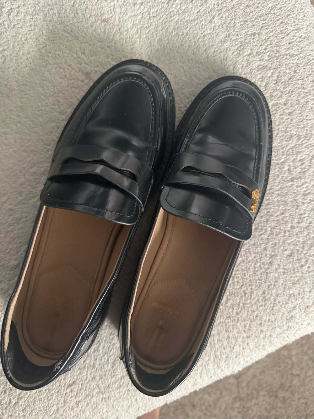 Sam Edelman Black Leather Penny Loafers with Gold Accent